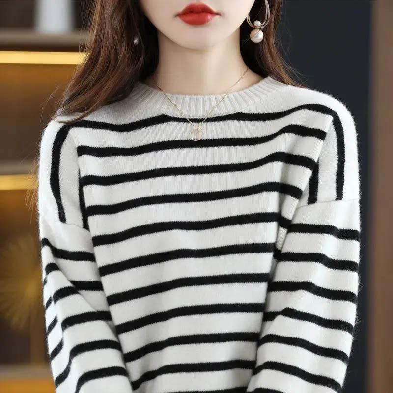 Sweater for Women Winter Stripe Pullover Warm Knitted Stretchy Long Sleeve Oversize Jumper Tops