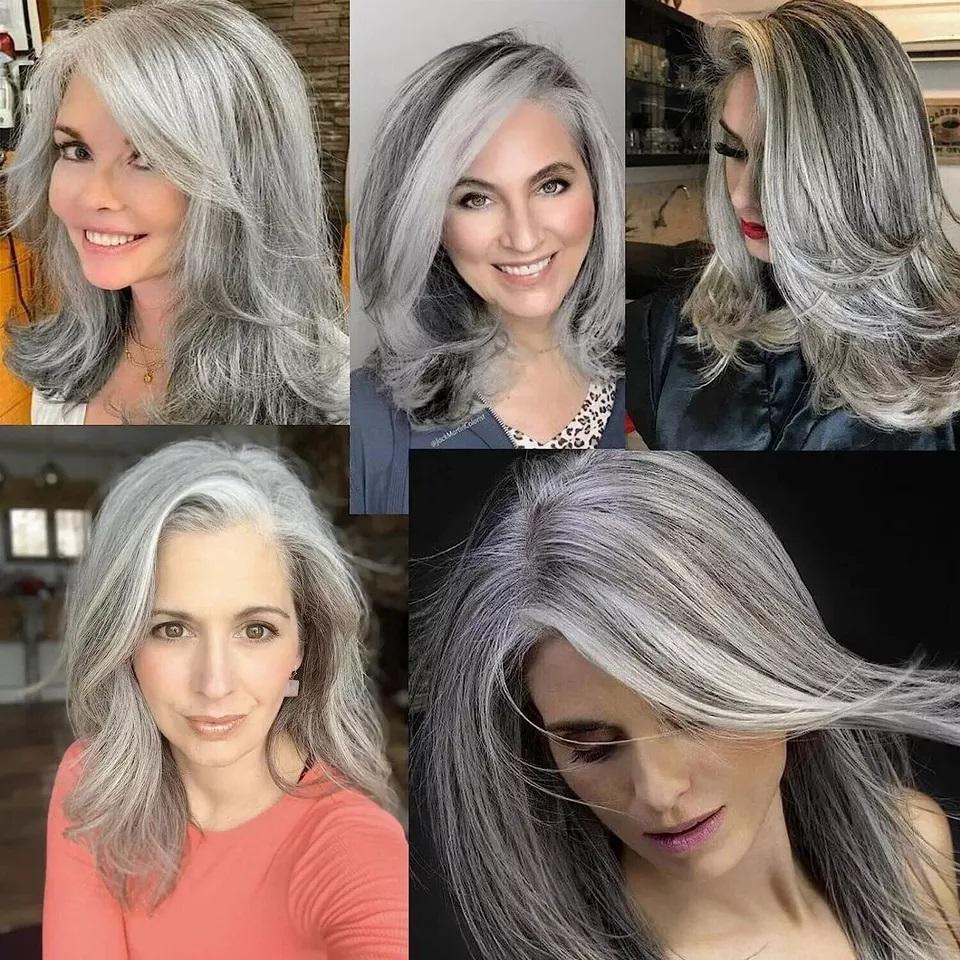 Silvery Gray Ombre Layered Wigs with Curtain Bangs for Women Synthetic Short Light Grey Wig Layered Gray Wavy Bob Wig Highlight