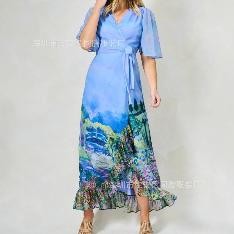 Europe And The United States Popular V-Neck Sexy Belt Waist Watercolor Chiffon Medium And Long Dress