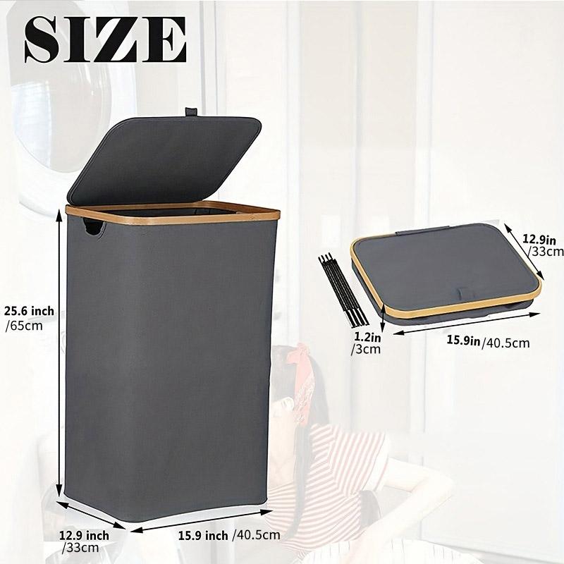 Bamboo + Oxford Cloth Collapsible Clothing Storage Laundry Basket with Lid