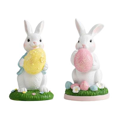Handcrafts Resins Easters Bunnies Holding Eggs Decoration Cute Rabbit Figurine with Lawn Base for Home and Office Decors