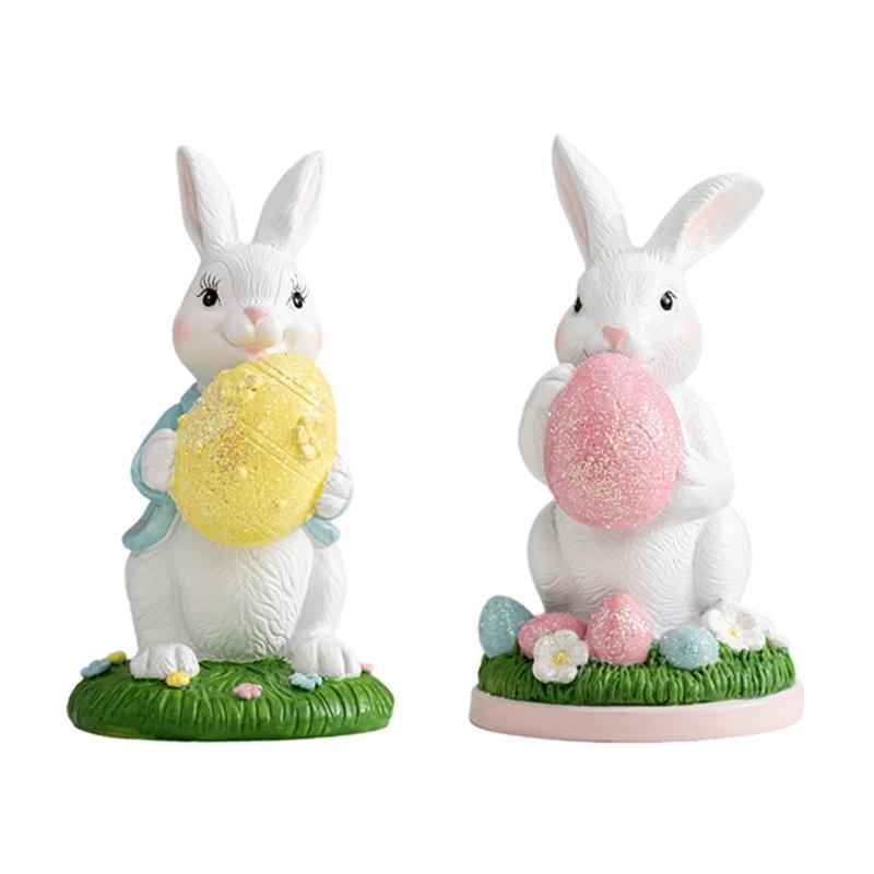 Handcrafts Resins Easters Bunnies Holding Eggs Decoration Cute Rabbit Figurine with Lawn Base for Home and Office Decors
