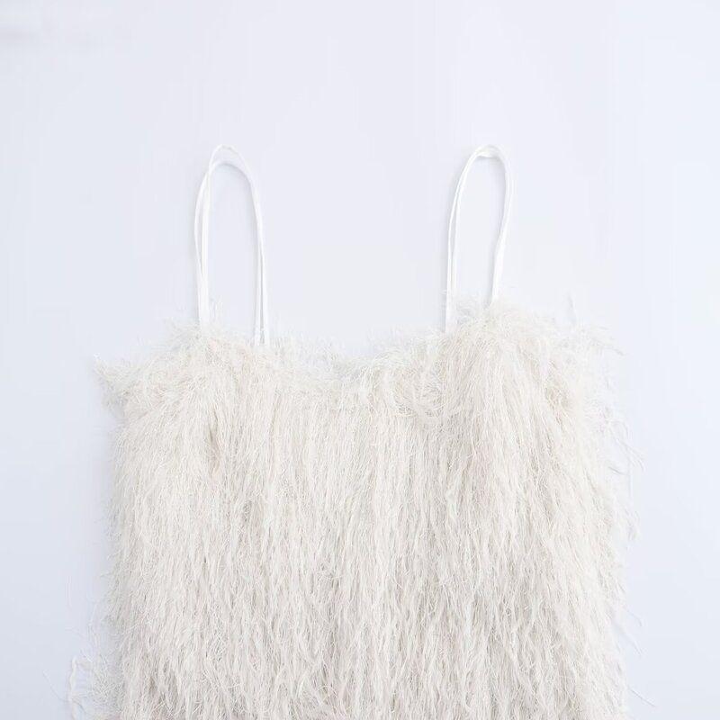 Fashion Style 2024 Autumn New Arrival Women's Sling Metallic Lines Decorated Tassel Mini Dress 9207965