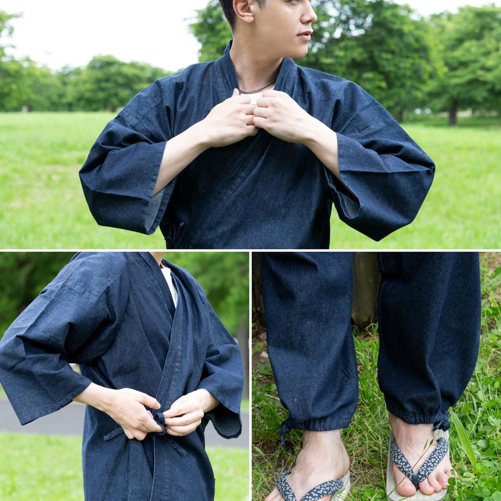 Edoten Samue (Work Clothes) - 100% Cotton Denim Fabric, Durable Yet Soft, Patterned, Year-Round, Men's, Firefighter Style, Navy Blue, Size 3L