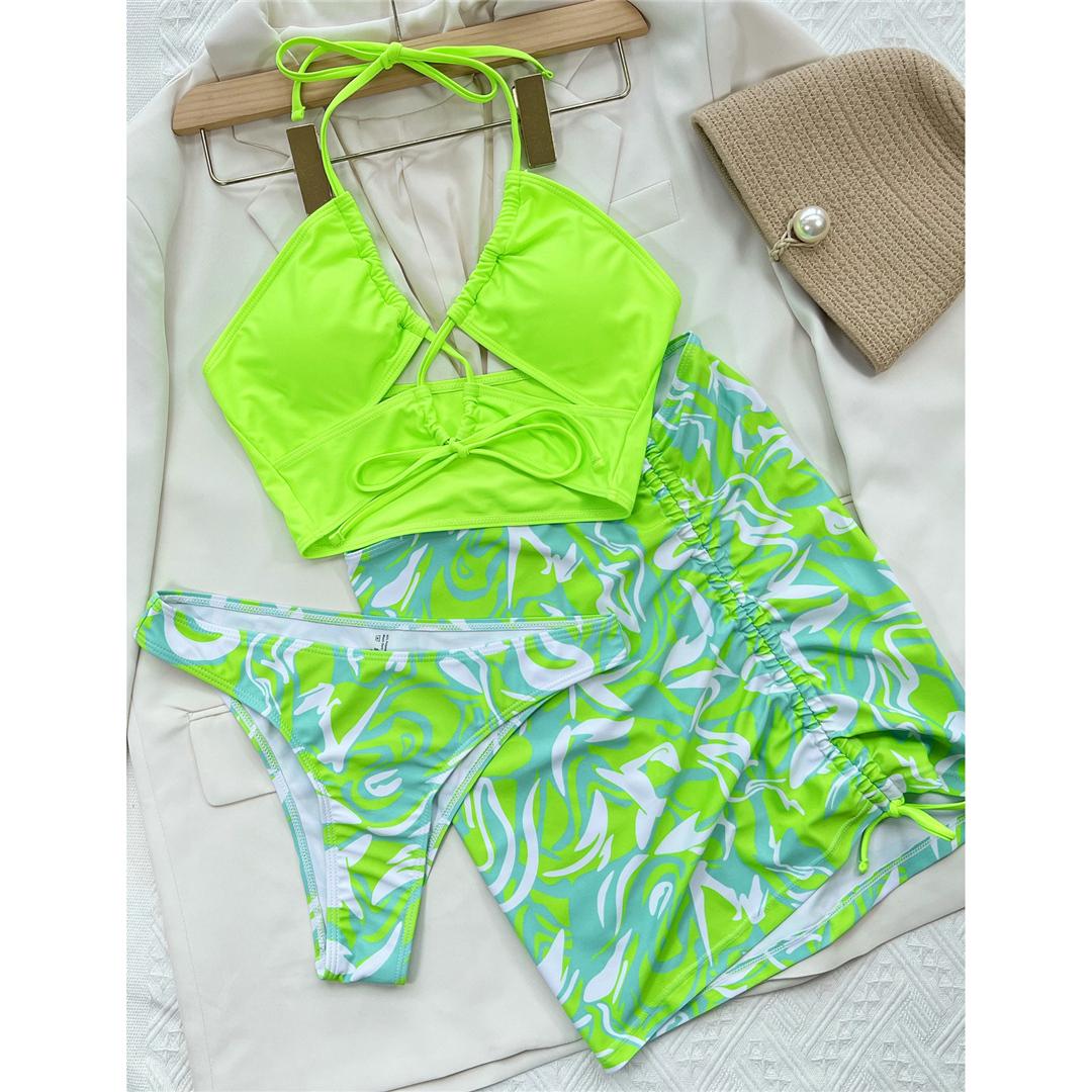 

Сексуальное бикини с лямкой на шее и шнуровкой, женские купальники, женский купальник, комплект бикини из трех частей, купальный костюм, купальный костюм для леди S неоновый зеленый