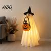 Spooky Holiday Atmosphere Apparel Halloween Glowing Ghost Costume with Witch Hat & Pumpkin Tote Bag LED Party Dress Light Up Fabric Outfit for Kids,