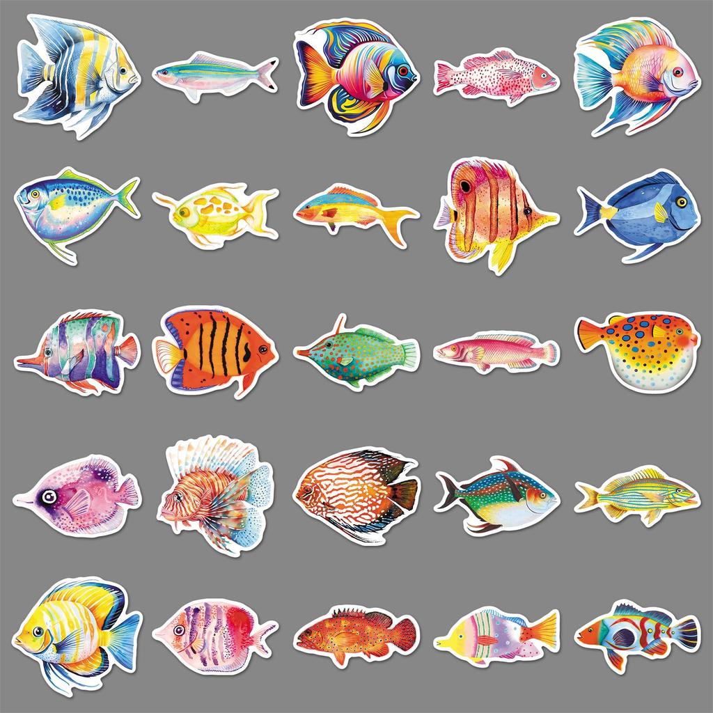 50PCS Waterproof Cartoon Fish Stickers: Marine Life & Underwater Animals for Water Bottles, Journals, and Storage Boxes