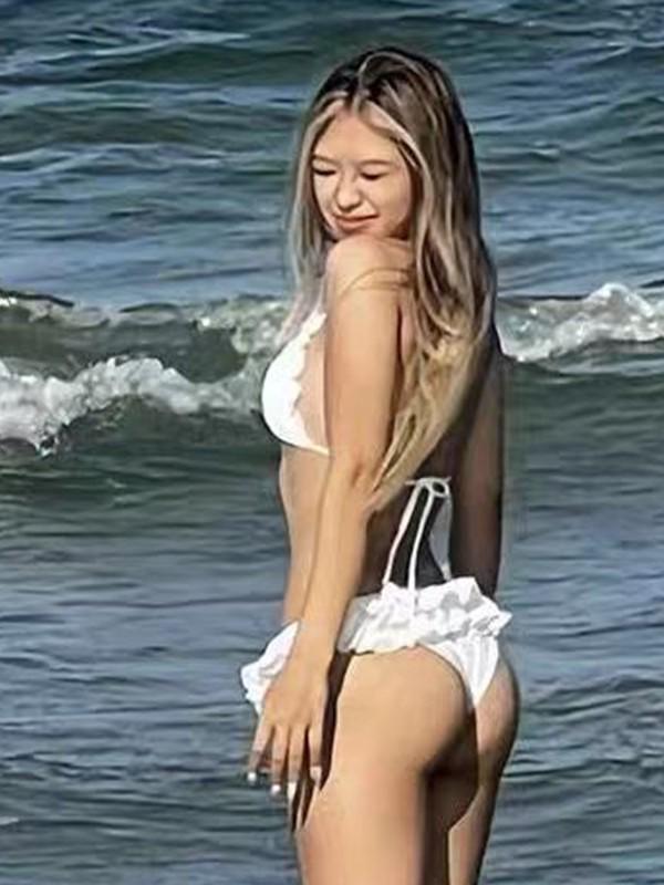 Korean-Style Lace-Up Ruffle Swimsuit: Gathered Bust, Layered Skirt, Two-Piece Vacation Wear