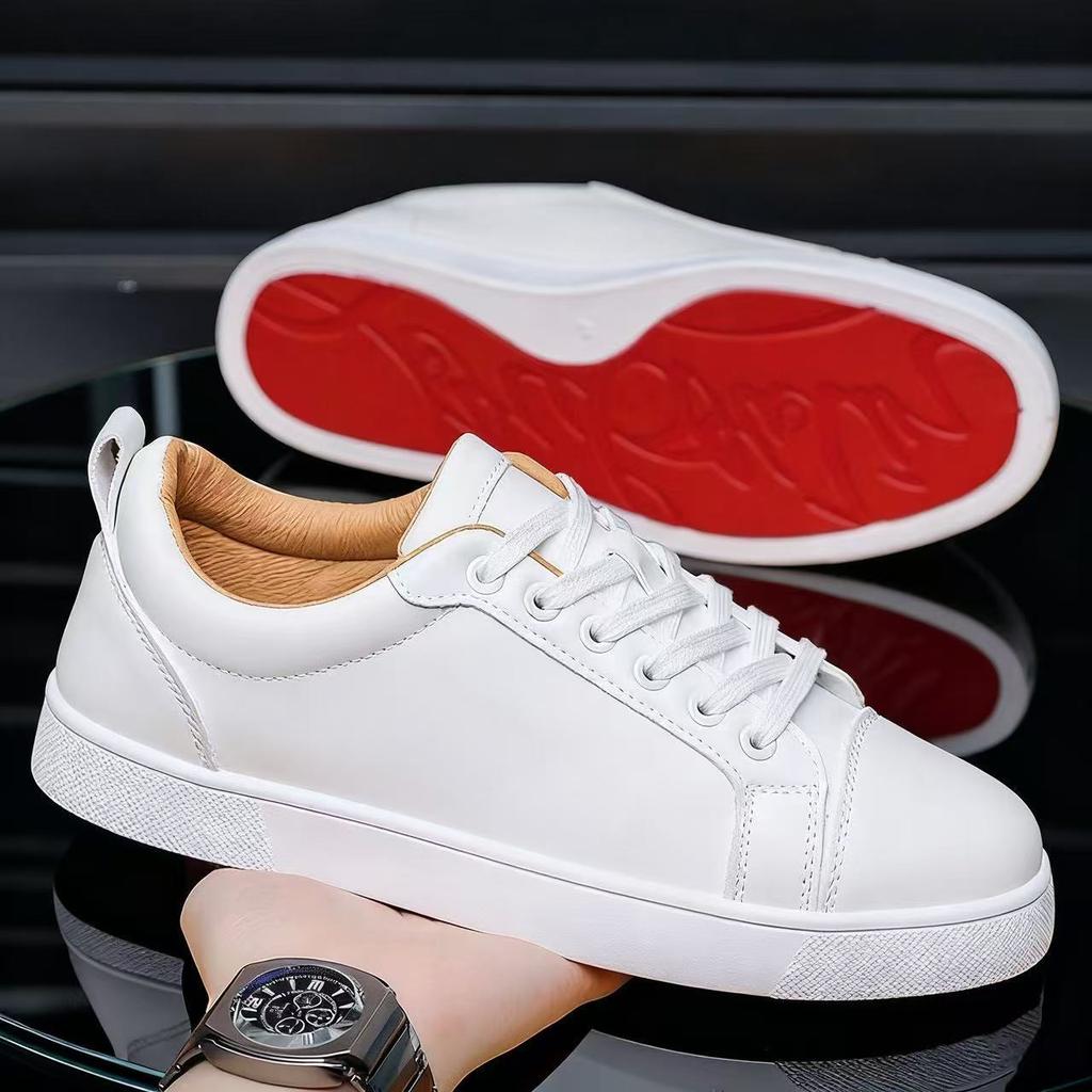 2026 Autumn New Leather Surface White Shoes Men's Shoes Red Bottom Casual Shoes Fashion Trend Commuting Business Board Shoes