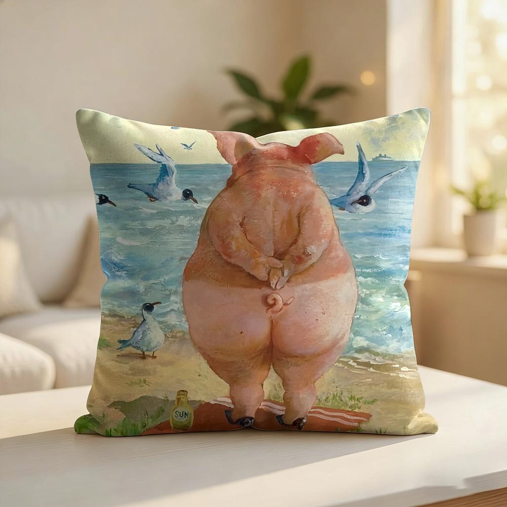 Cute Funny Pig Friends Gift Cushion Cover Silky Short Plush Invisible Zipper Dustproof Sofa Pillow Case For Home Decor