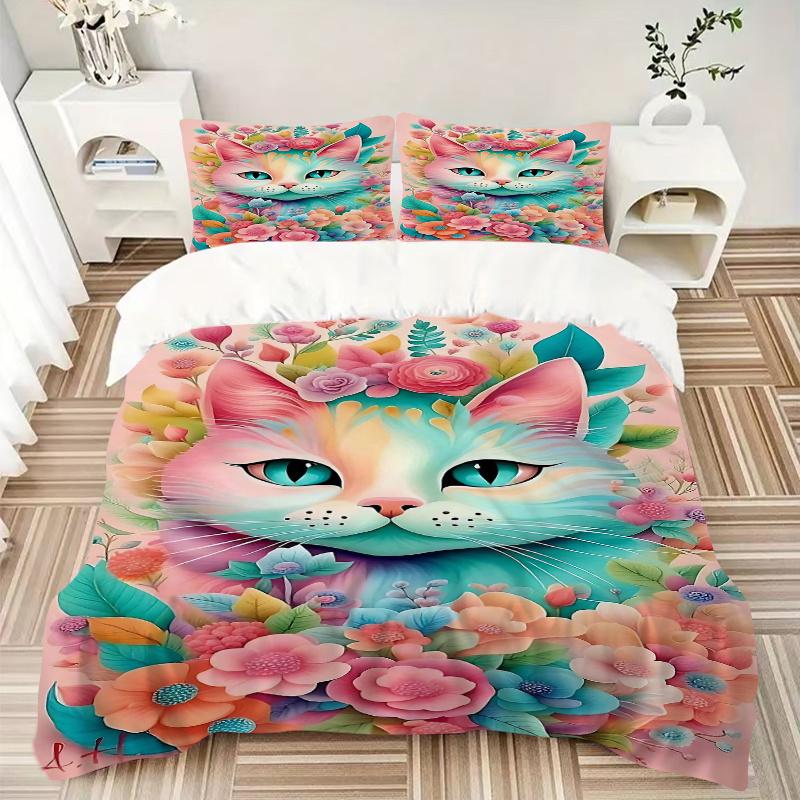 3pcs Pink Cat Art with Floral Accents Print Cover Set Ultra Soft, Breathable, and Comfortable Bedding with Stylish Design for Bedroom and Guest R