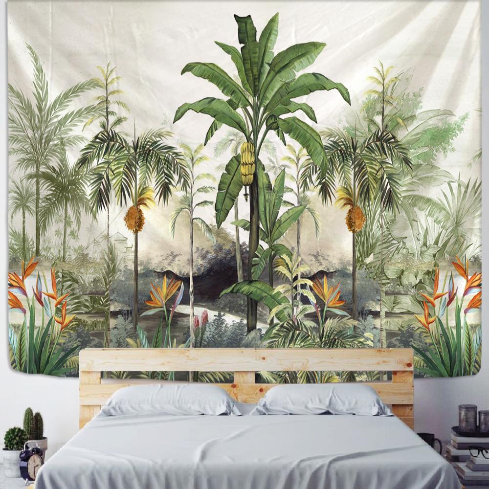 Tropical Rainforest Tapestry Wall Hanging Family Bedroom Decoration Polyester Fabric Bohemian Plant Art Printing