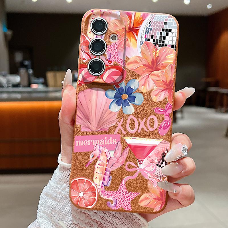 Pink Cartoon Pattern Floral Case For Samsung Galaxy S26 Ultra S25 Edge S24 S23 S22 Plus S21 FE Leather Texture Silicone Cover