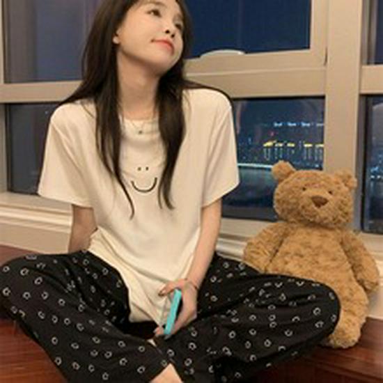 Summer Sweet Korean Style Pink Milk Silk Ribbed Camisole Pajamas for Women