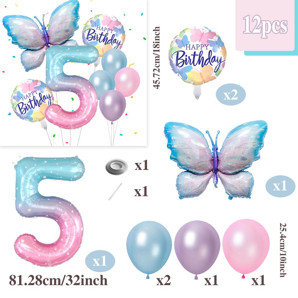 Gradient Color Digital Butterfly Balloon Set 32 Inch Digital Aluminum Foil Balloon Birthday Party Anniversary Decoration (0-9)