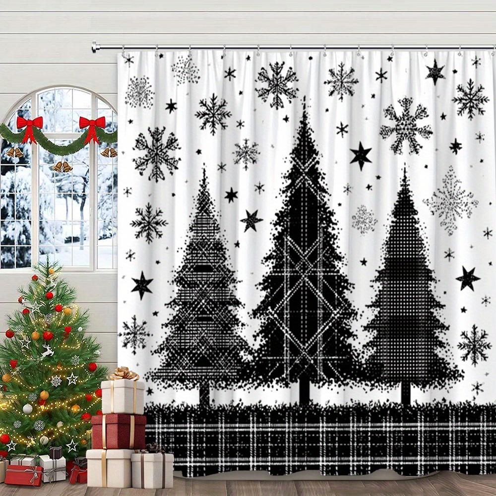 1pc Black and White Winter Shower Curtain - Pixelated Christmas Trees, Snowflakes, Large 70.8x70.8 Inch Bathroom Window Curtain 90x180cm35x71in