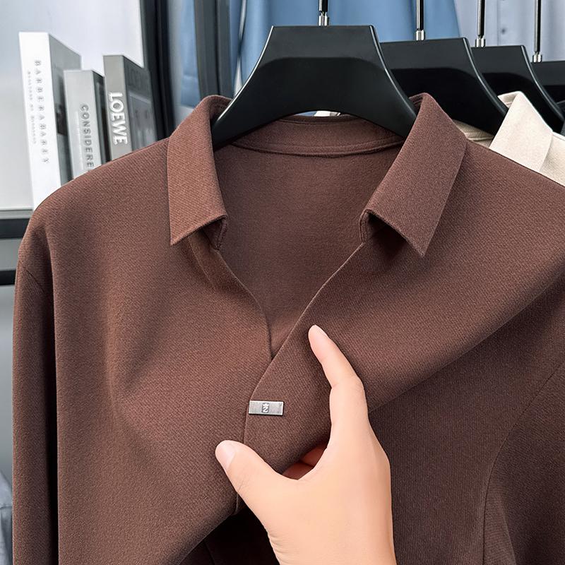 High End Quality Men'S Polo Shirt Solid Color Simple V-Neck No Trace Long Sleeve Autumn Lapel T-Shirt Business Classic Menswear