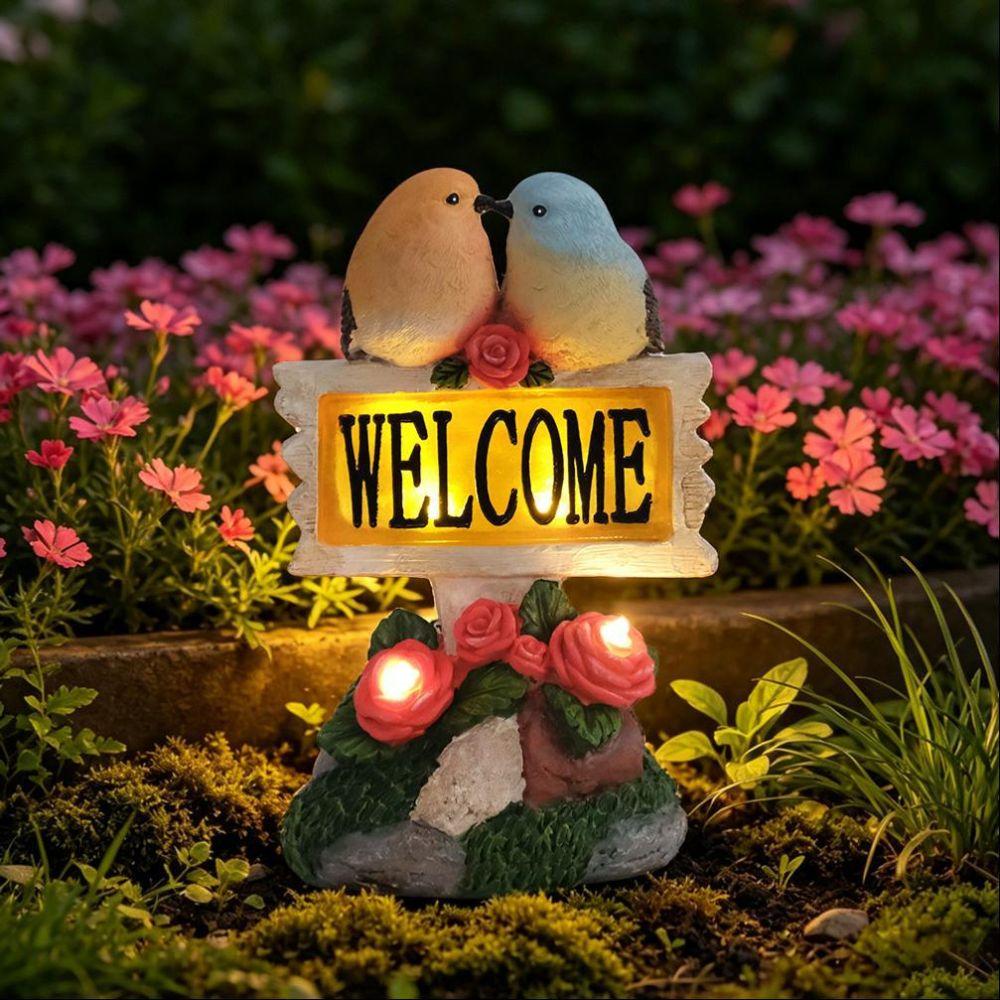 Warm Light Garden Welcome Sign Solar Powered Solar Resin Craft Bird Figurine  Patio Landscape