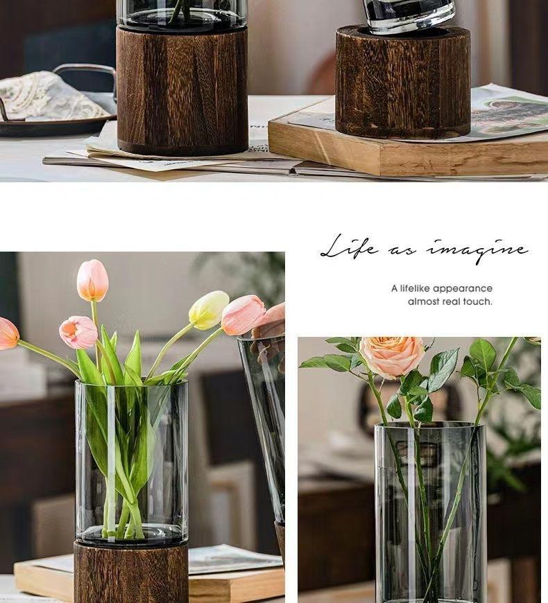 Elegante Glasvase mit Windholzsockel - Luxuriöses Wohnzimmerornament