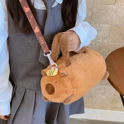 Plush Capybara Cartoon Crossbody Bag - Cute Furry Barrel Design for Kids