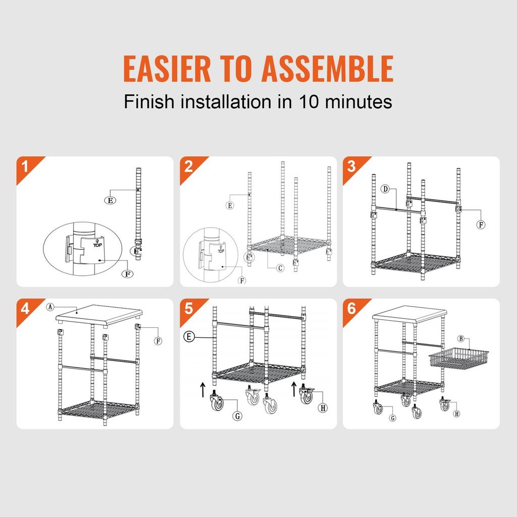 Kitchen Utility Cart, 3 Tiers, Wire Rolling Cart with 470LBS Capacity, Steel Service Cart On Wheels, Metal Storage Trolley with 76mm Basket Curved