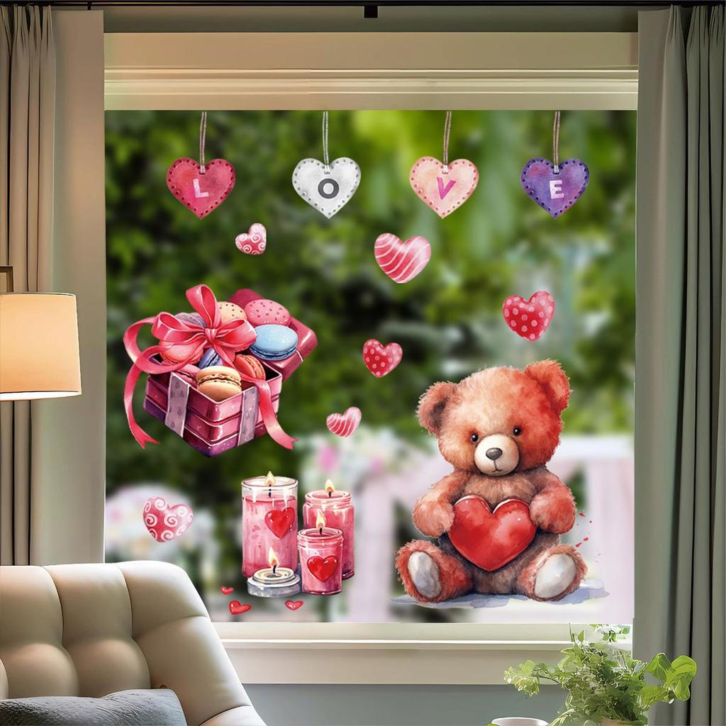 Heart-Shaped Teddy Bear Electrostatic Valentine Window Sticker for Mall, Shop, Wall, or Refrigerator 2026.