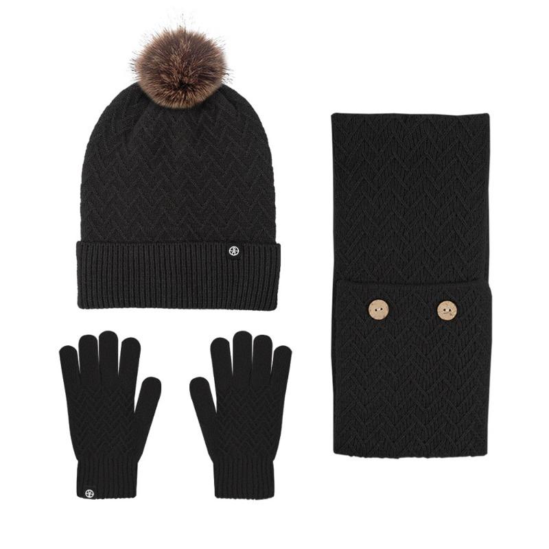 Autumn and winter outdoor cold-proof hairball knitted hat, scarf, gloves three-piece set, warm stack hat three-piece set