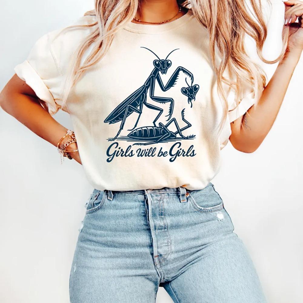 

Praying Mantis T-Shirt Funny Vintage Line Art Praying Mantis Short Sleeve Humorous Insect Themed Casual Crew Neck Tee for Women M