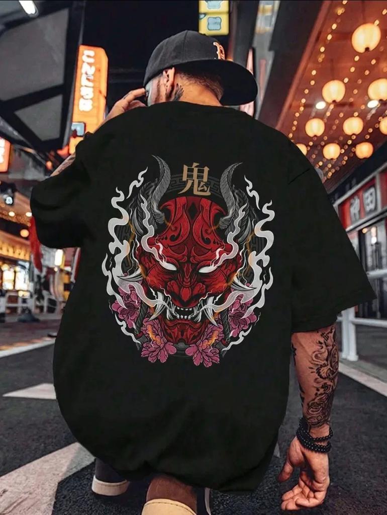 Herren L Schwarz Japanisches Oni T-Shirt Cyberpunk Streetwear Grafik-T-Shirt Hannya Dämon