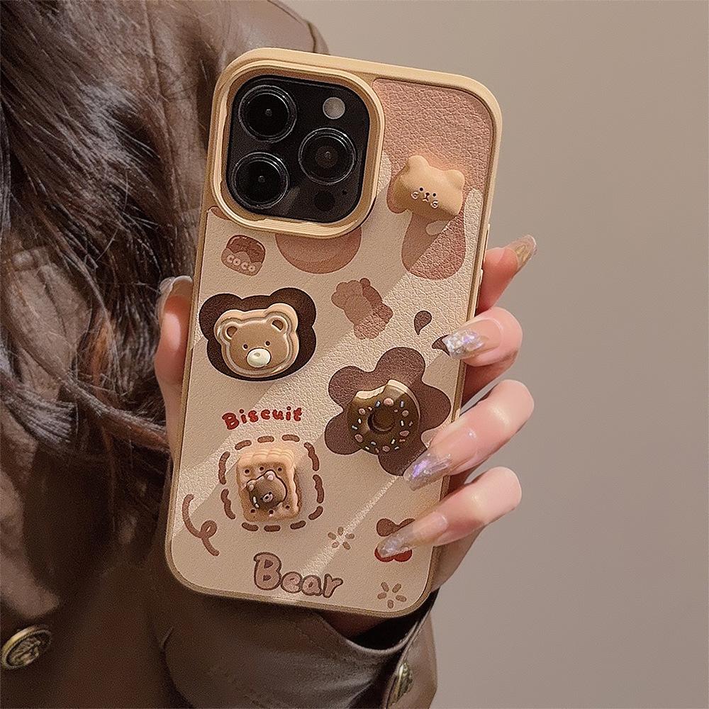 3D Cookie Bear Apple IPhone 16/17 Pro Max Leather Case for IPhone 13/15 Cute Lanyard