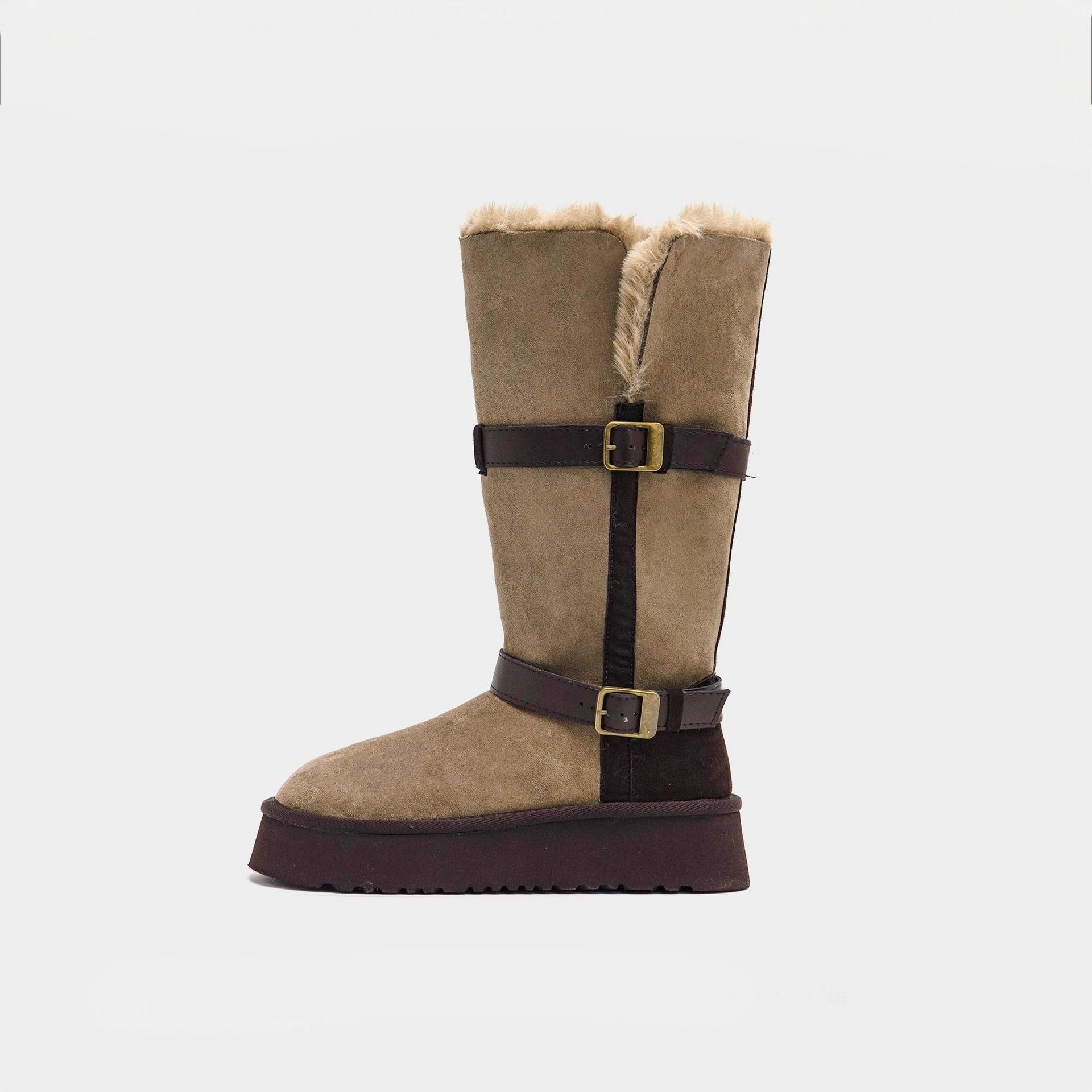 

Версия из коровьей кожи~ Женские зимние сапоги 2025 новые ретро круглый носок плоская подошва бархатные средней длины зимние хлопковые сапоги до колена 40 хаки