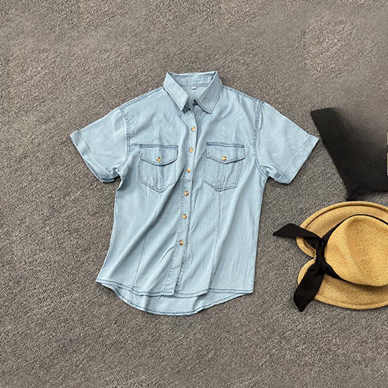 

Женские джинсовые рубашки, с короткими рукавами, свободные и приталенные ретро-кардиганы в стиле кэжуал, легкие куртки, летние топы средней длины L светло-синий