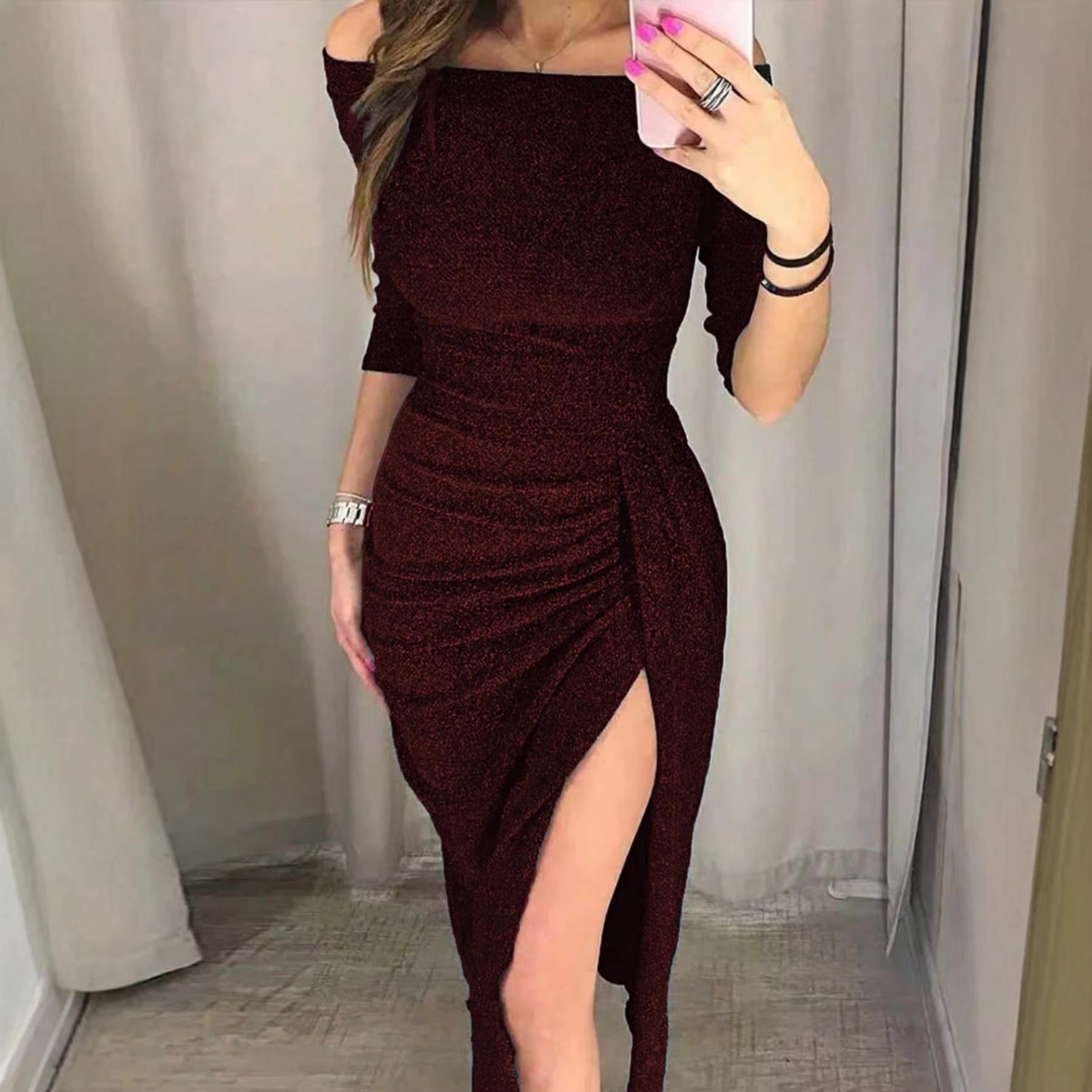 

European One-Shoulder Sparkly Bodycon Dress with Slit - Perfect for Holiday or Birthday Parties XXL вина червоного кольору