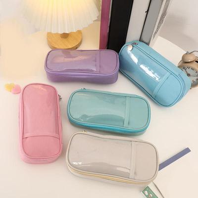 Simple Large Capacity Pencil Case Solid Color Zipper Storage Stationery Bag Transparent Pencil Bag Office Girls School Supplies
