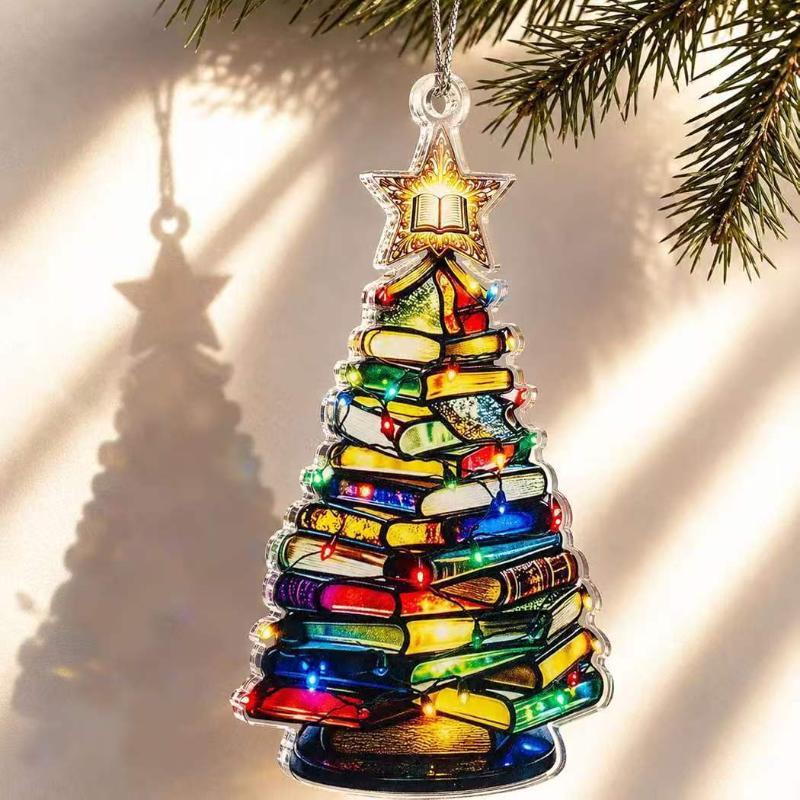 Stacked Books Shaped Christmas Hanging Ornament Colorful with Star Topper for Xmas Seasonal Home Decor Gift