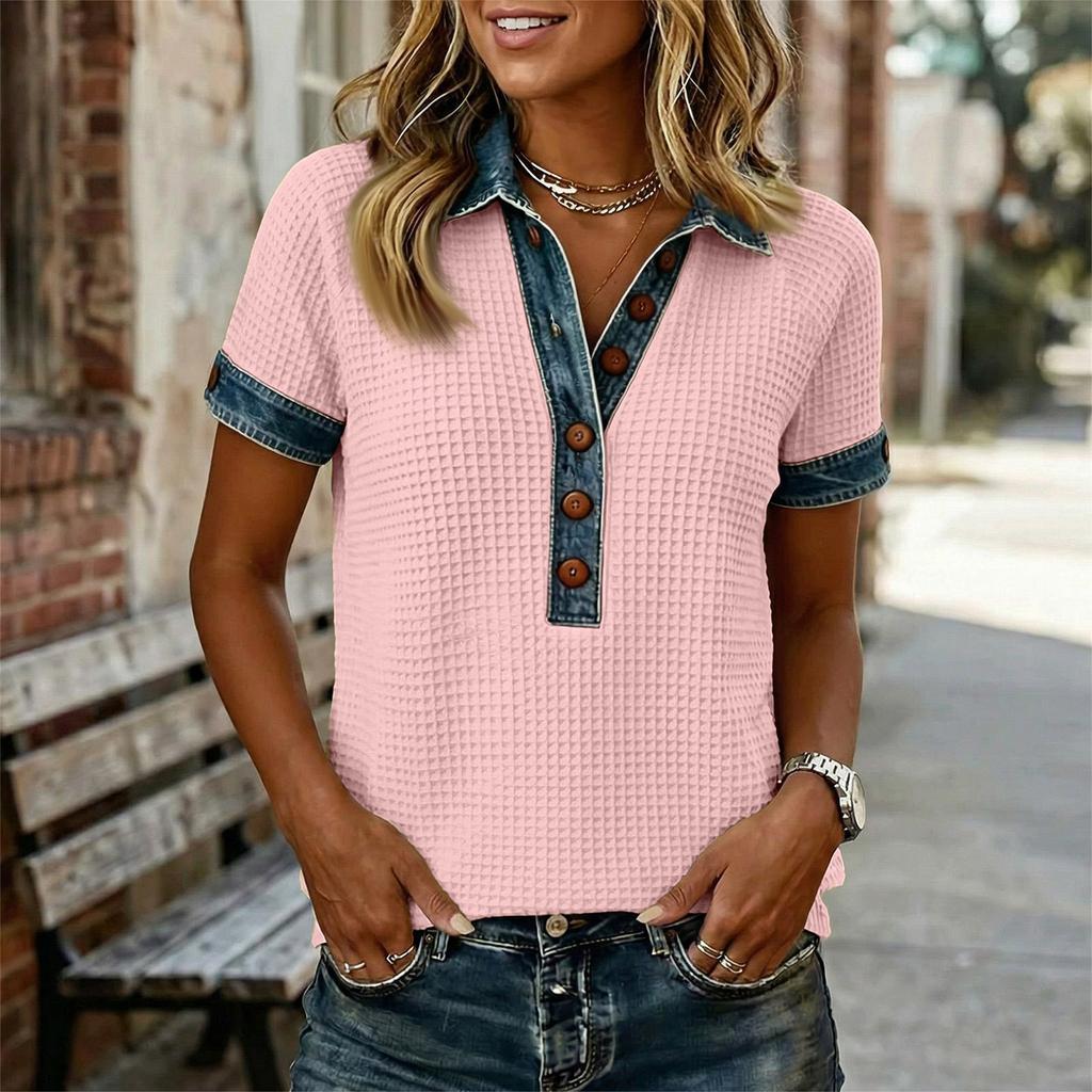 Modisches Lässiges Damen-Denim-Patchwork-Kurzarmtop