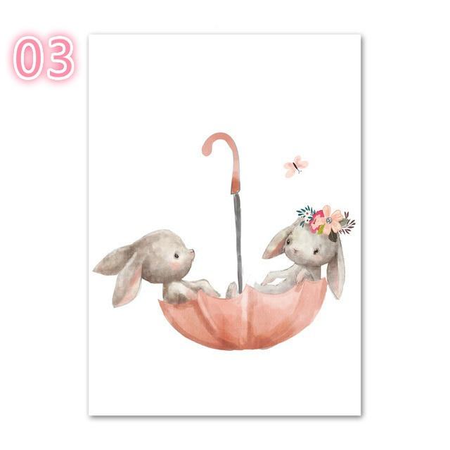 Watercolor Rabbit Fox Balloon Flower Posters Wall Art Canvas Painting Simple Nordic Prints Cartoon Animal Pictures Kids Room