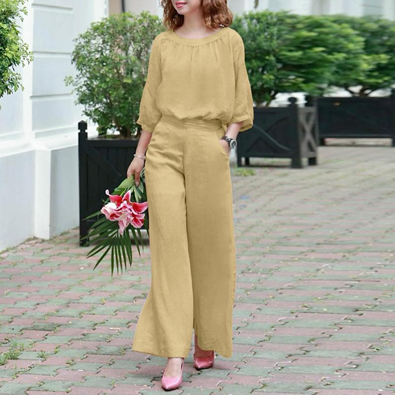 

ZANZEA Женская блузка с длинным рукавом и брюки повседневный комплект из двух частей 5XL абрикосовый