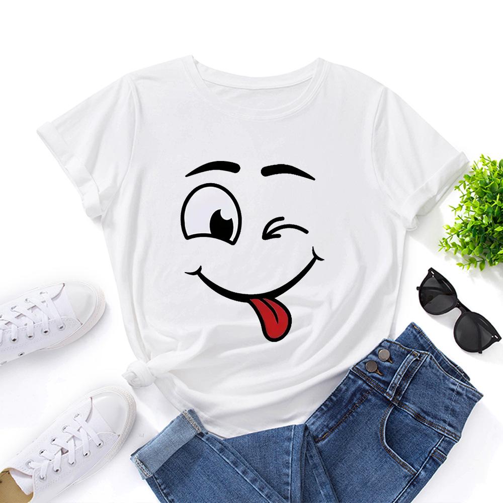 Cotton T-Shirt Short Sleeve Round Neck Women 2d Print Tops
