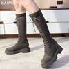 Winter Women Chunky High Boots Suede Mid Heels Fashion Shoes Lace Up Motorcycle Boots 2025 Trend Winter Knee High Botas De Mujer