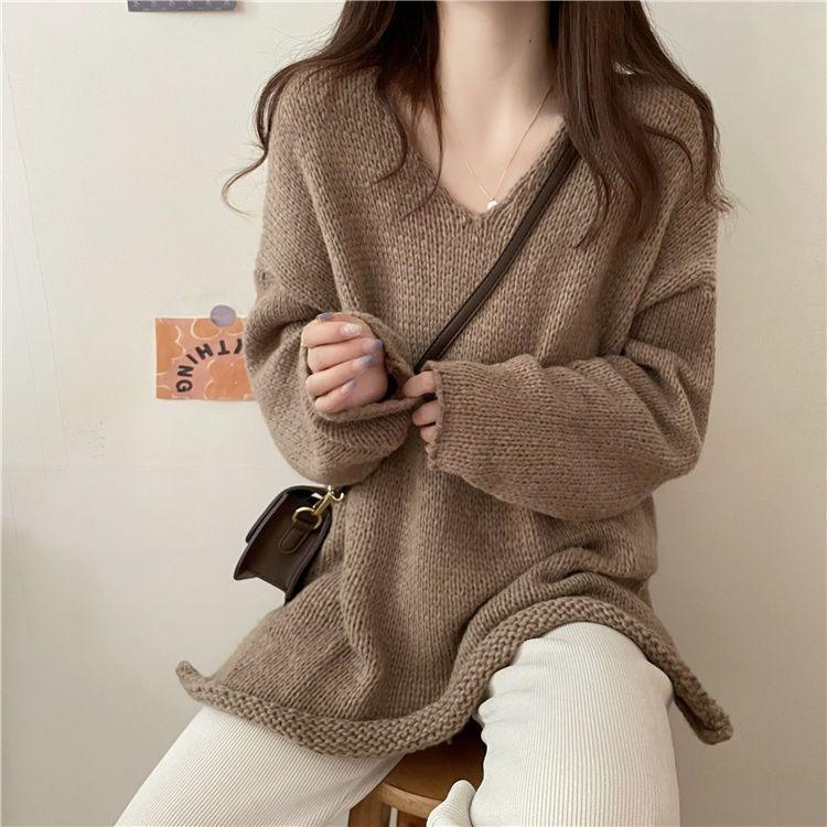 Spring Autumn Women's Lazy Style Sweater Coat Loose Slimming Pullover Minimalist Korean Style Soft Split Knit Top