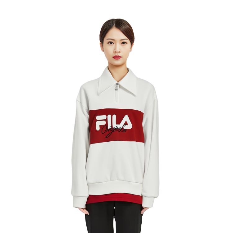 FILA Fashionable Loose Color Block Polo Long Sleeve Knit Top Men tops Cloud-Mushroom-White F11W349208FWT