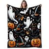 1pc Spooky Halloween & Christmas Flannel Blanket - Soft Warm 280gsm Heavyweight Cozy Throw with Ghosts, Bats, Pumpkins, Witches Hats & Cats - All-Seas