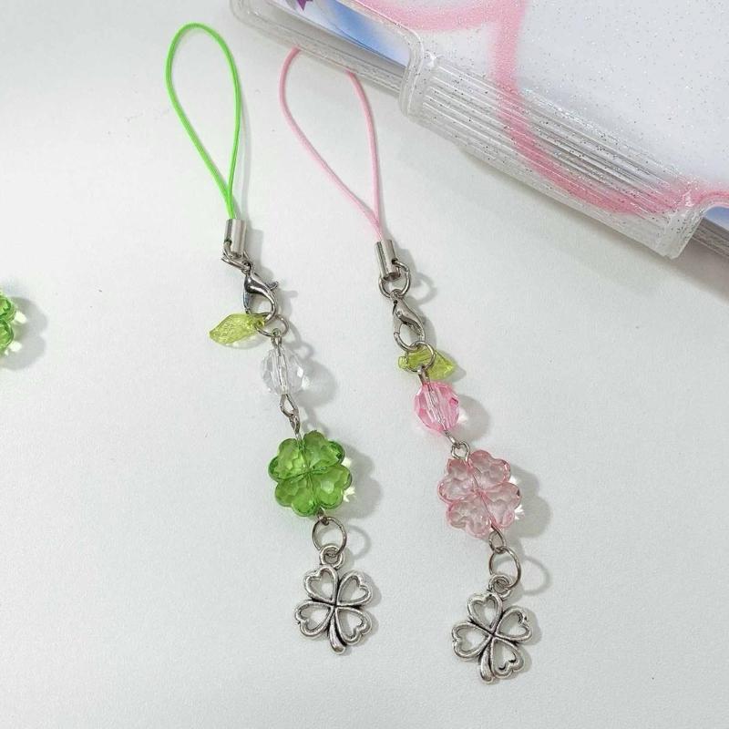Lucky Clovers Beaded Phone Charm Versatile Lucky Clovers Phone Chain Acrylic Alloy Bead Decors for Bags & Wallets
