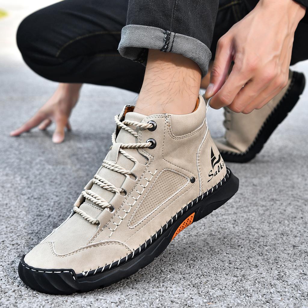 Handmand Casual Leather Shoes Outdoor Men Boots Autumn Retro Breathable Casual Shoes Lace Up Blue Ankle Boots Winter Autumn