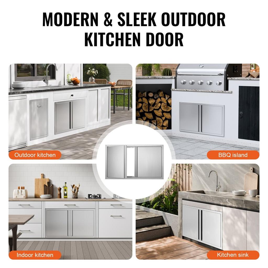 BBQ Access Door, 914x534 Mm Double Outdoor Kitchen Door, Stainless Steel Flush Mount Door, Wall Vertical Door with Recessed Handles , for BBQ Island,