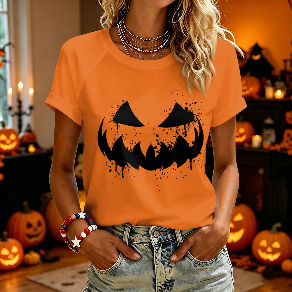 Women Casual Short Sleeve T Shirt Halloween Pumpkin Face Print Crew Neck Lightweight Top for Everyday Wear