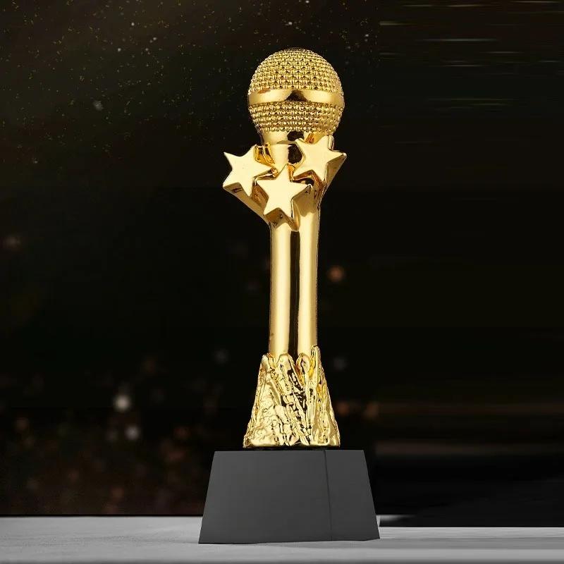 Customized Microphone Five-pointed Star Resin Trophy, Crystal Base Excellent Host Singing Talent Activity Competition Award, 1Pc