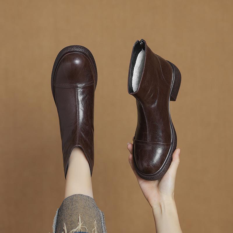 Fashion 2024 Winter Women Boots SheepSkin Women Shoes Round Toe Chunky Heel Short Boots Genuine Leather Ladies Thick Velvet Snow Boots