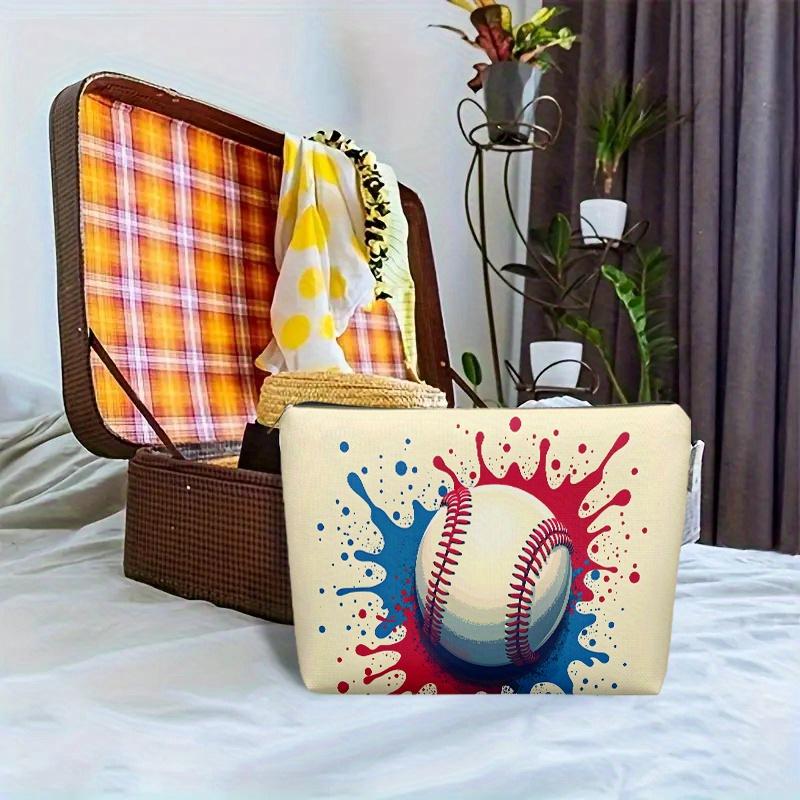 A Baseball-shaped Makeup Bag With Red And Blue Paint Dot Pattern- Multifunctional Zipper Pouch, Jewelry Storage Bag